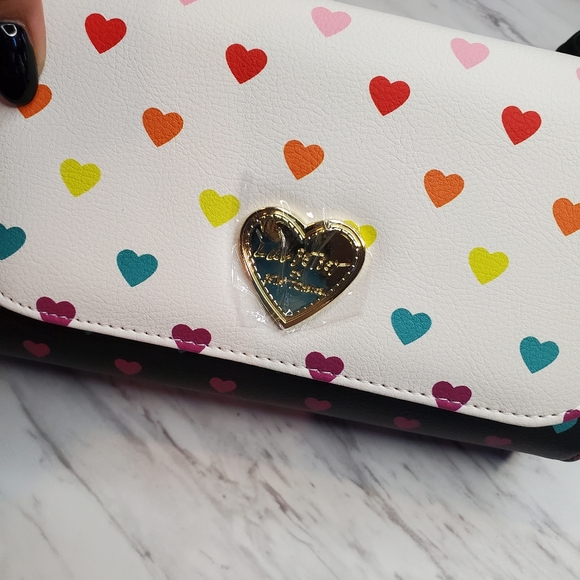 Luv Betsey Black and White Foley Purse with Rainbow Hearts and Earbud Pouch - Picture 6 of 8